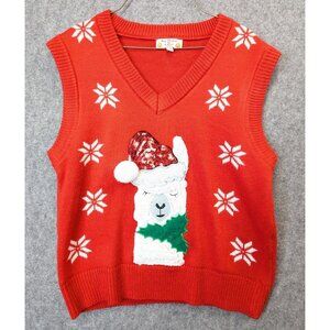 Poof New York Red Llama Ugly Funny Christmas Sweater Vest Womens Medium